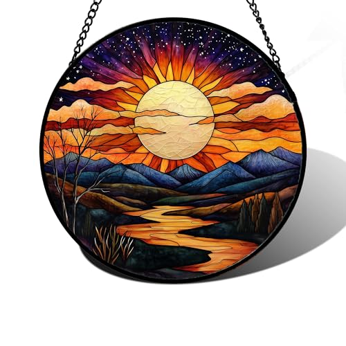 Sunburst Mountain River Stained Glass Window Hanging Suncatcher Gifts 9.8"