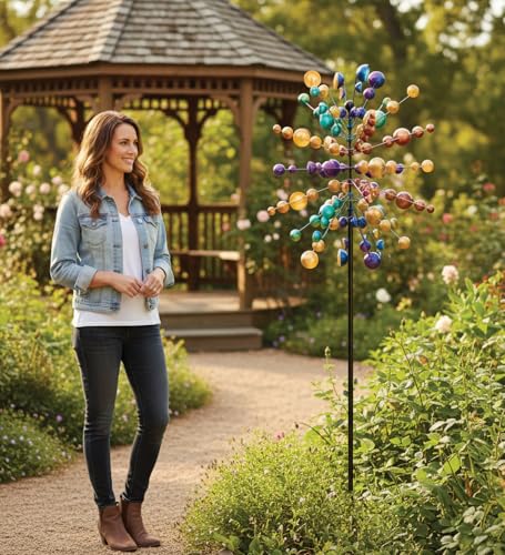 Wind Spinner Outdoor Metal Kinetic Yard Art with Stake (Fireworks / Large (80-89 Inch))