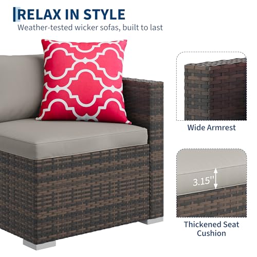 5-Piece All-Weather Patio Furniture Set, Convertible Outdoor Sectional Sofa with Ottoman & Tempered Glass Table, PE Rattan Conversation Set for Garden, Backyard, Porch, Poolside (Brown/Grey / 5 Pieces)