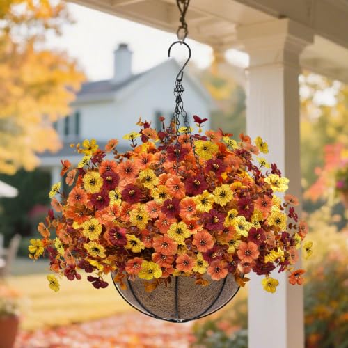 2 Sets Artificial Fall Mums Hanging Flowers Plants Baskets (Orange, Yellow, Red)
