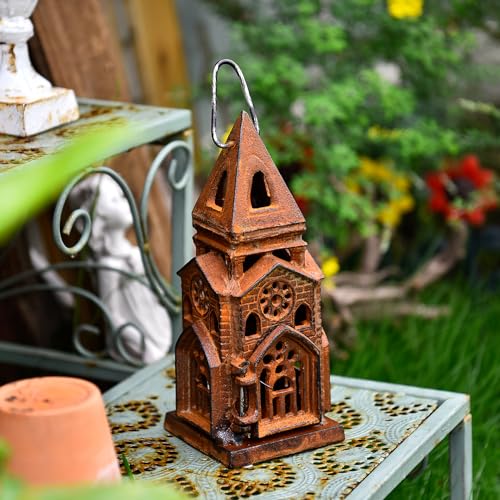 Cast Iron Church Lantern Candle Holder (Natural Rust - Church)