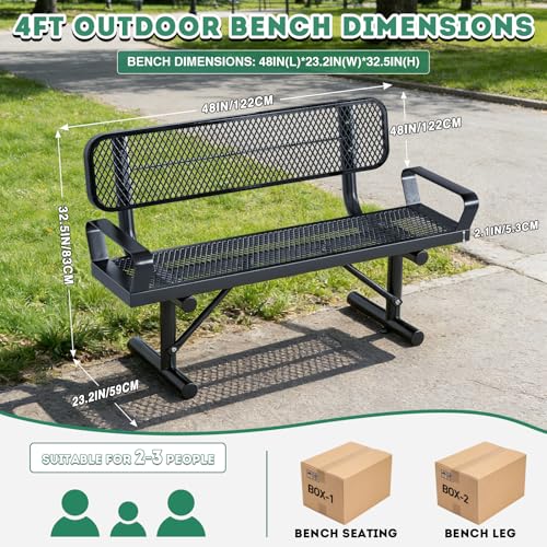 4 Feet Heavy Duty Park Bench with Armrests & Back Portable Frame (Black With Armrests / 4FT)