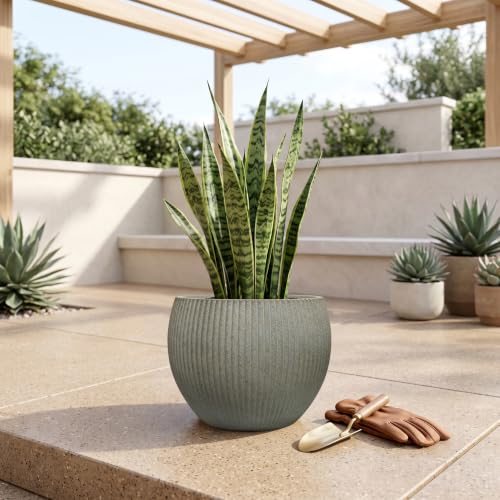 10.2"Dia x 7.8"H Modern Ribbed Plastic Planter Pot with Drainage (Vintage Sandstone-10.2"d X 7.8"h)