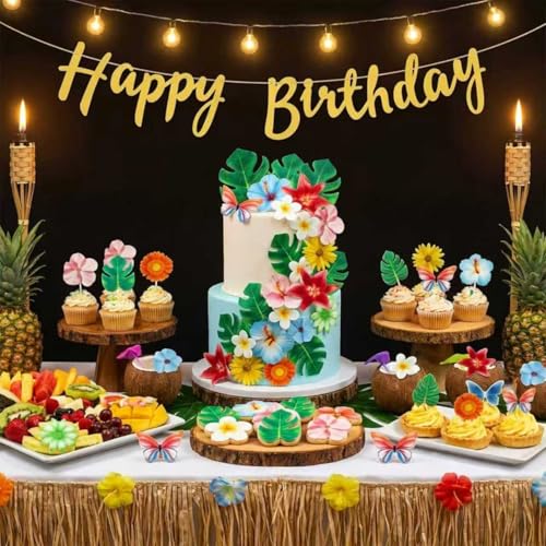 54 Pcs Edible Flowers Cupcake Cake Toppers Decorations Wafer Paper Green Leaf & Tropical Flower for for Hawaiian Birthday Tropical Luau Summer Party Wedding (Pink & Purple & Orange & Green)