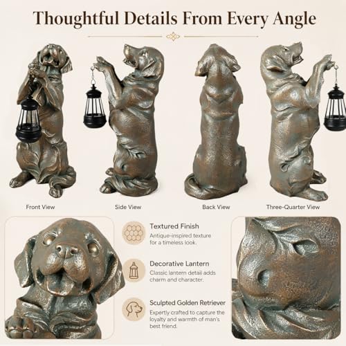 Solar Garden Statue Outdoor Decor 17.5 In Golden Retriever Dog with Lantern (Bronze 17.5in)