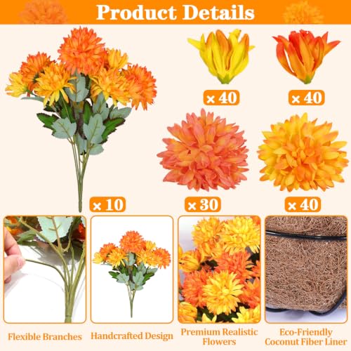 2 Sets Artificial Faux Fall Mums Hanging Flowers Plants Basket for Outdoor Decor (Orange)