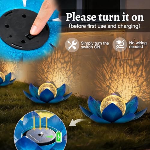 Solar Lights Outdoor Garden Decoration Crackle Globe Glass Waterproof LED Metal Blue Lotus Flowers Gift for Mom (BLUE2)