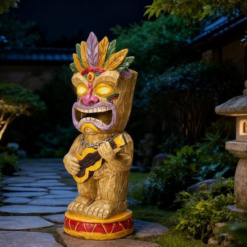 Solar Tiki Garden Statue with LED Eyes Outdoor Resin Ukulele Player Yard Decor Solar Light Hawaiian Style Lawn Ornament for Patio Porch Tiki Bar Decor Best Gift for Tiki Lovers (Ukulele Tiki Statue)