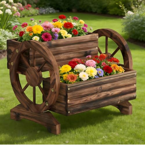 Wooden Wagon Planter Cute Garden Flower Pots Cart with wheels