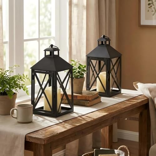Christmas Lanterns 2 Pack 12'' Black Metal with Candle Holiday Decor