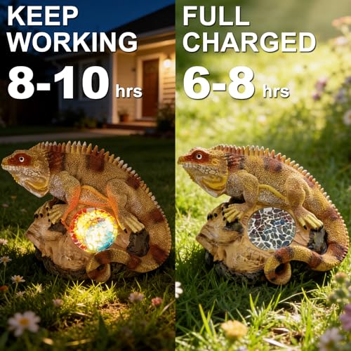 Solar Iguana Garden Statues Decor for Outdoor (Khaki Iguana)