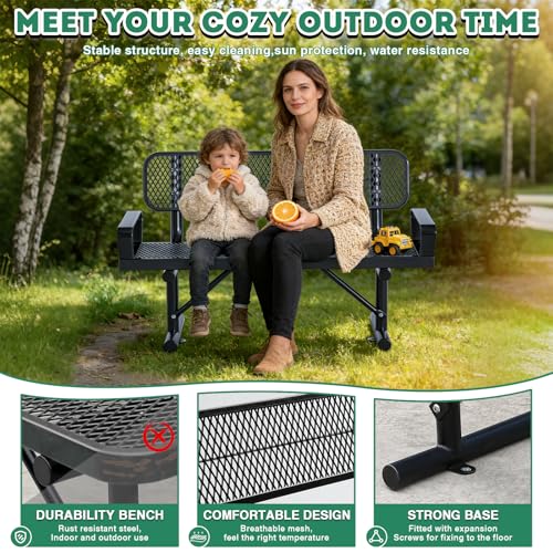 4 Feet Heavy Duty Park Bench with Armrests & Back Portable Frame (Black With Armrests / 4FT)