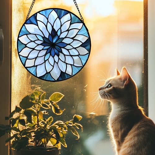 Abstract Lotus Stained Glass Window Hanging Suncatcher Gift for Women 7.8" (Blue and White / 7.8x7.8 IN)