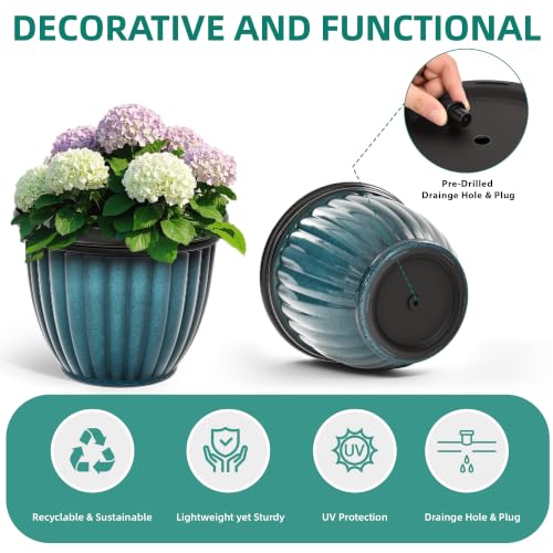 15" Large Flower Pots Set of 2 Plastic Planters for Outdoor Plants