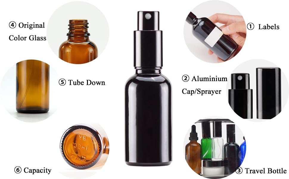 Black Glass Spray Bottles 1oz (6 Count)