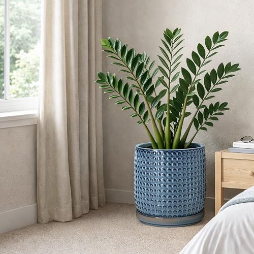 Beaded Ceramic Pot with Saucer (10.2 Inch / Ocean Teal)