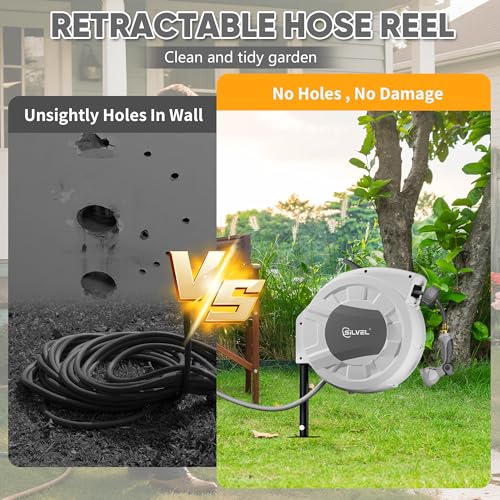 Automatic Retractable Garden Hose Reel on Metal Spike (Light Grey / 1/2" x 90FT)