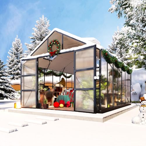 10x14 FT Polycarbonate Greenhouse with 4 Roof Vents (10*8.4*14FT)