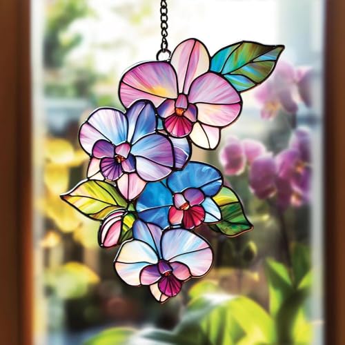 Orchid Flower Acrylic Suncatcher Faux Stained Glass Window Hanging Orchid Lover Gift Yard Kitchen Decor (1-fba-ett-evg-a354-q / 5")