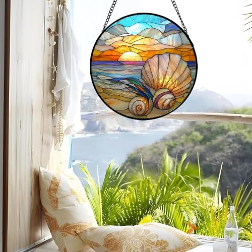 Ocean Stained Glass Window Hanging Suncatcher Beach Gifts for Women 7.8" (Colorful / 7.8x7.8 IN)