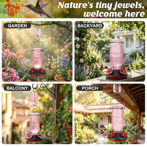 Glass Hummingbird Feeder for Outdoors Hanging (Pink)