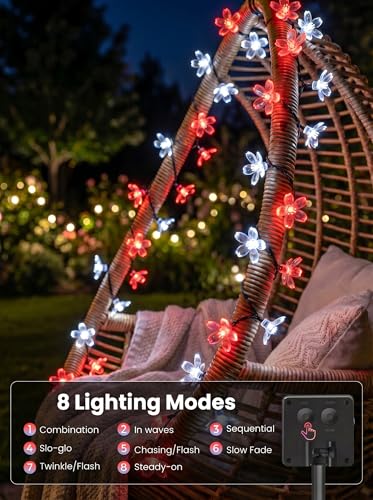 Solar Flower String Lights Outdoor Waterproof 50 LED Fairy Lights (Red&White / 1 Pack)