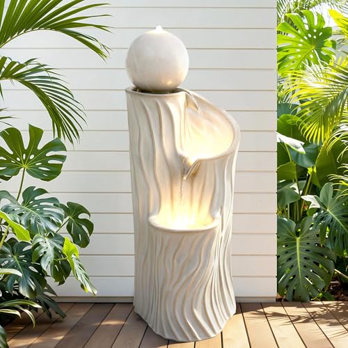32"Ceramic 3 Tier Sphere Outdoor Water Fountain (Beige Glaze Wave Texture 32"h-sphere)
