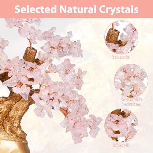 Rose Quartz Crystal Money Tree on Gold Mini Elephant Statue (Rose Quartz / 10 inches Tall)