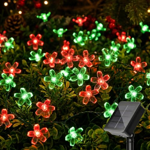 Solar Flower String Lights Outdoor Waterproof 50 LED Fairy Lights (Red & Green / 1 Pack)
