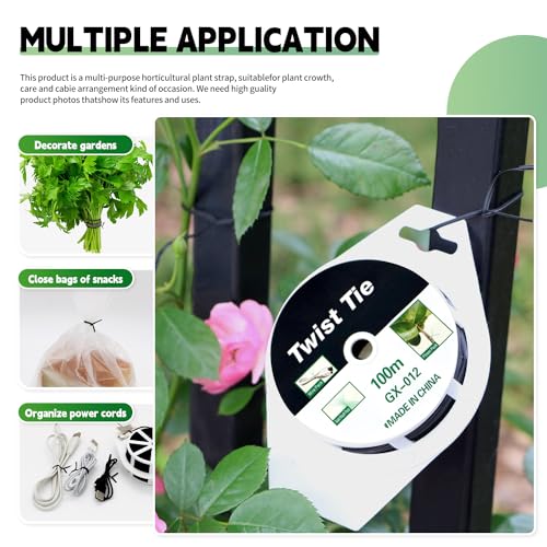 2 Reels) Garden Wire, Twist Ties Heavy Duty with Cutter 328 Ft Multi-Function Black Coated Tape to Support Plant Tie Up Bags for Home Office Black(328 Feet / 100 m)