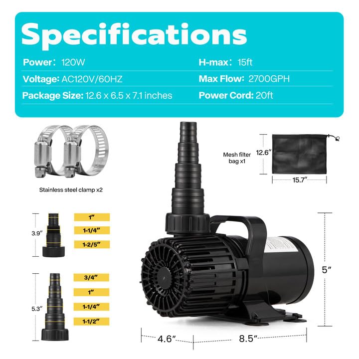 120W 2700GPH Submersible Pond Pump with Barrier Bag for Koi Pond