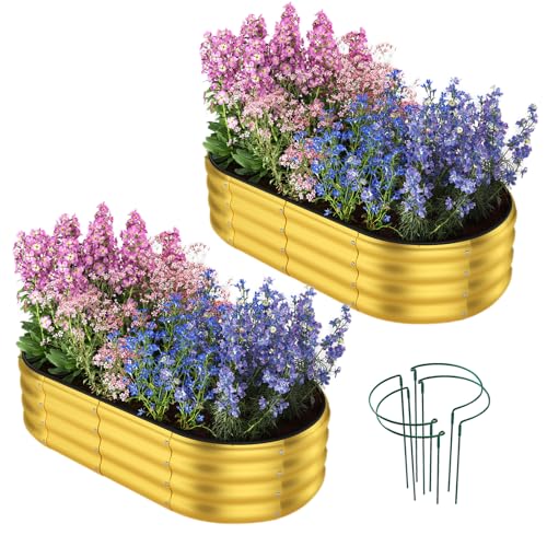 Garden Box Raised Flower Bed Galvanized Metal Planter Round Raised Garden Bed Kit for Gardening Outdoor 2PC Gold 4X2X1FT (Gold / 4x2x1FT（2pcs）)