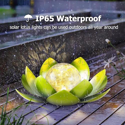 Solar Lights Outdoor Garden Decoration Crackle Globe Glass Waterproof LED Metal Green Lotus Flowers Gift for Mom (Green)