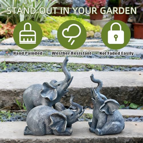 Elephant Garden Statues Set of 3 Resin White Outdoor Yard Patio Lawn Decor (Gray)