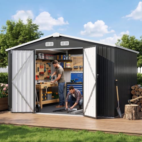 10x8 FT Shed Outdoor Storage Shed with Floor Black (Black / 9.8'x7.6')