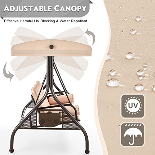 3 Seat Porch Swing with Adjustable Canopy (Khaki)