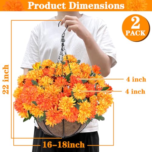 2 Sets Artificial Faux Fall Mums Hanging Flowers Plants Basket for Outdoor Decor (Orange)