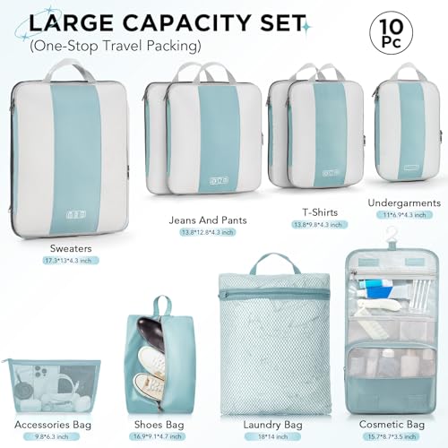 10 Set Compression Packing Cubes for Travel Essentials (Blue Gray)