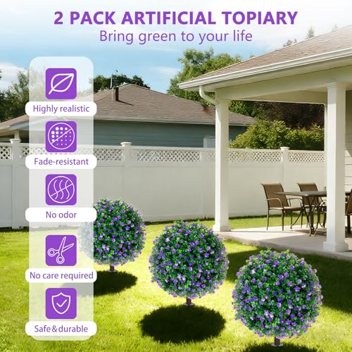 2Pack Artificial Purple Flower Topiary Ball Tree with Ground Spike (Purple Flower)