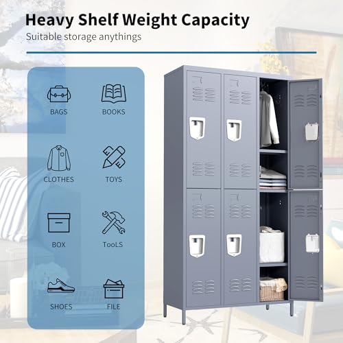 6 Doors Metal Lockers for Employees 72" H Storage Cabinet Lockable Locker with Shelves Steel Storage Locker for Gym School Office Home Requires Assembly (6 doors-72" / Grey)
