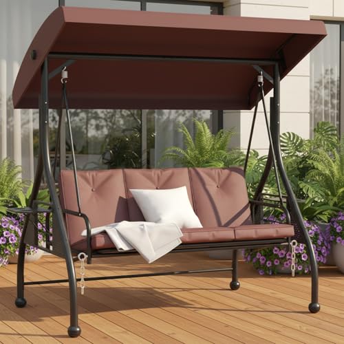 3 Seat Patio Porch Swing with Adjustable Canopy and Stand (Brown / with cup holder)