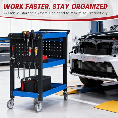 3 Tier Heavy Duty Metal Rolling Tool Cart with Drawers (Blue Black With Drawers)