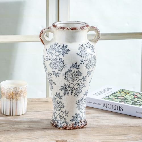 Blue and White Vintage Vase with Handle (04-blue and White-12.6 Inch)