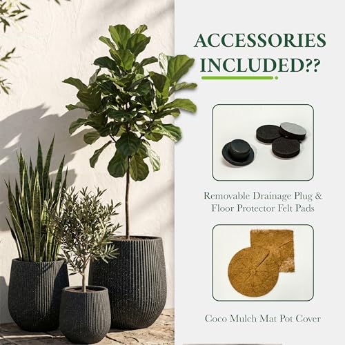 Signature Mount Wilson Modern Indoor Outdoor Fiberstone Tapered Planter (Ribbed Black / 11'' D x 12'' H)
