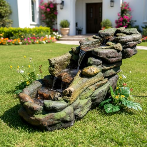 Cascading Rock Outdoor Water Fountain with LED Lights (39" L / Gray_14)