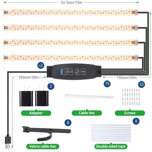 13 Inches Plant Growing Lamp Strips (Black Cabel 3500K / 4 Head 2 Pack)