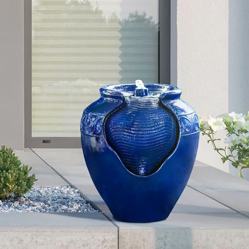 16.96 in. Outdoor Glazed Pot Water Fountain with LED Lights (Blue)