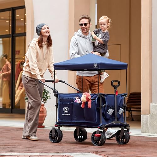 Folding Push Wagon with Canopy (Navy / Light Blue)