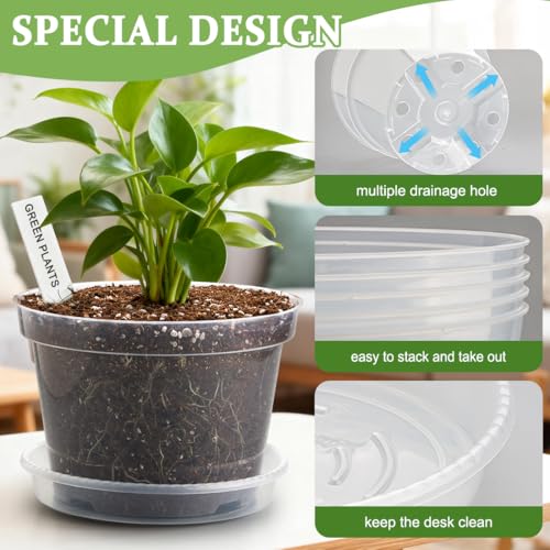 10/8/6 Inch Clear Plant Pots with Drainage Hole 12 Pack, Transparent Sturdy Plastic Nursery Pots with Saucers, Plant Label, Gardening Gloves, Plant Starter Pots for Planting Seed Herb Vegetable Flower (Clear / 10/8/6 Inch-12P)