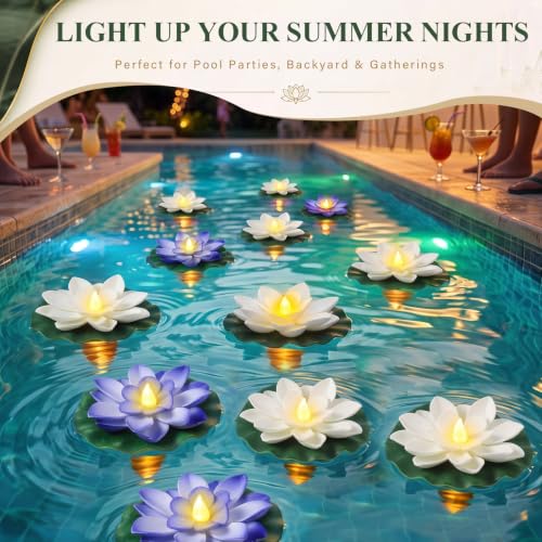 24 Pcs Floating Lotus LED Lights (White,Blue / 3.94 Inch)